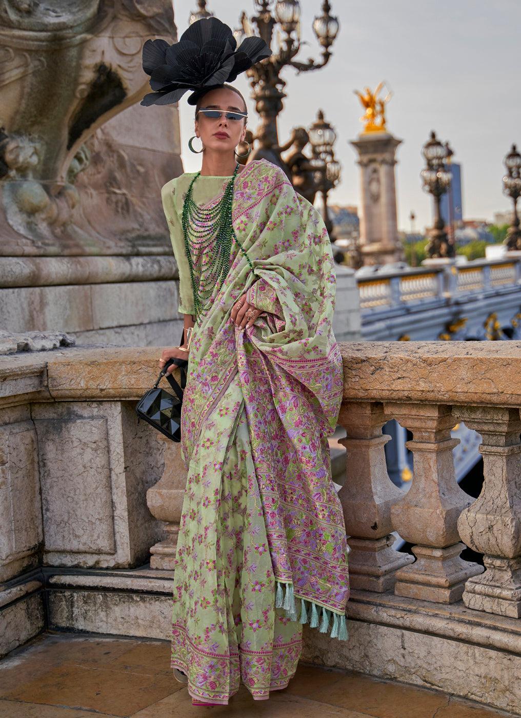 Adorable Pista Green Colored Printed Pure Soft Silk Saree - Ibis Fab