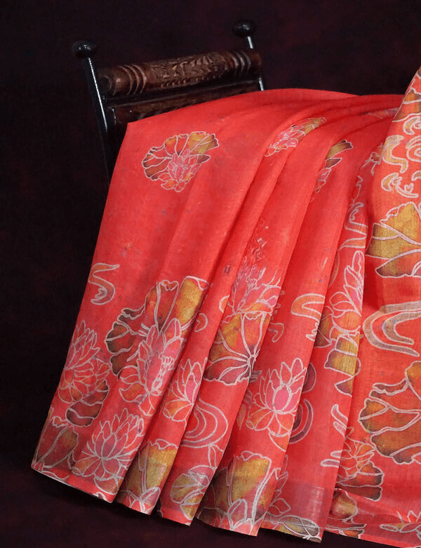 Adorable Red Colored Cotton Linen Designer Printed Saree - Ibis Fab