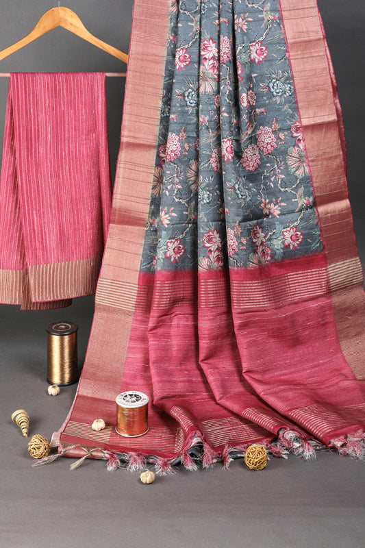 Adorning Gray Colored Cotton Linen Designer Printed Saree - Ibis Fab