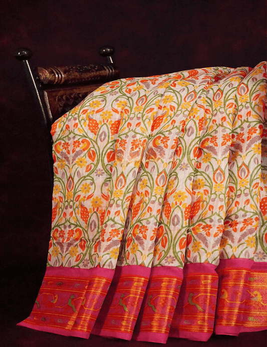 Adorning Off White Colored Cotton Linen Designer Printed Saree - Ibis Fab