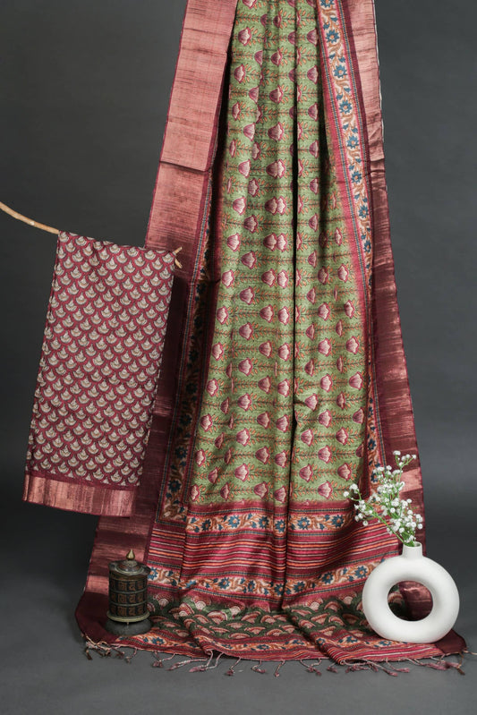 Adorning Pista Green Colored Cotton Linen Designer Printed Saree - Ibis Fab