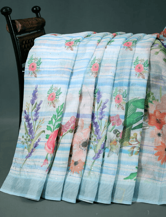 Adorning Sky Blue Colored Cotton Linen Designer Printed Saree - Ibis Fab