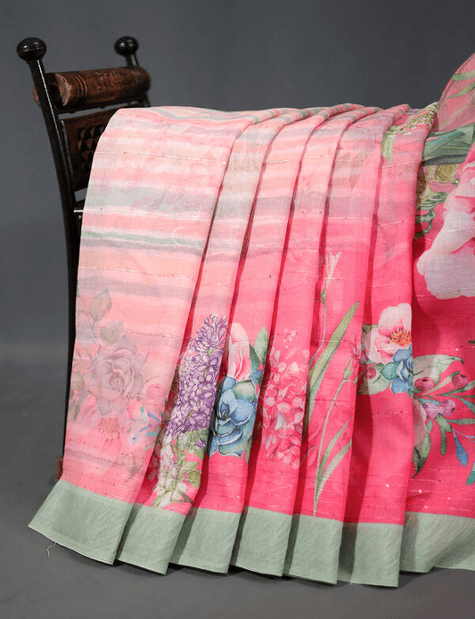 Alluring Baby Pink Colored Cotton Linen Designer Printed Saree - Ibis Fab