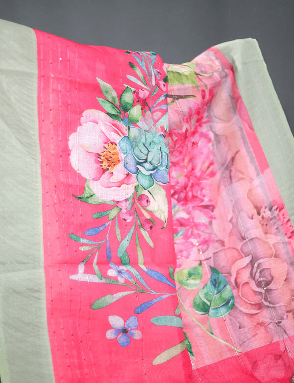 Alluring Baby Pink Colored Cotton Linen Designer Printed Saree - Ibis Fab