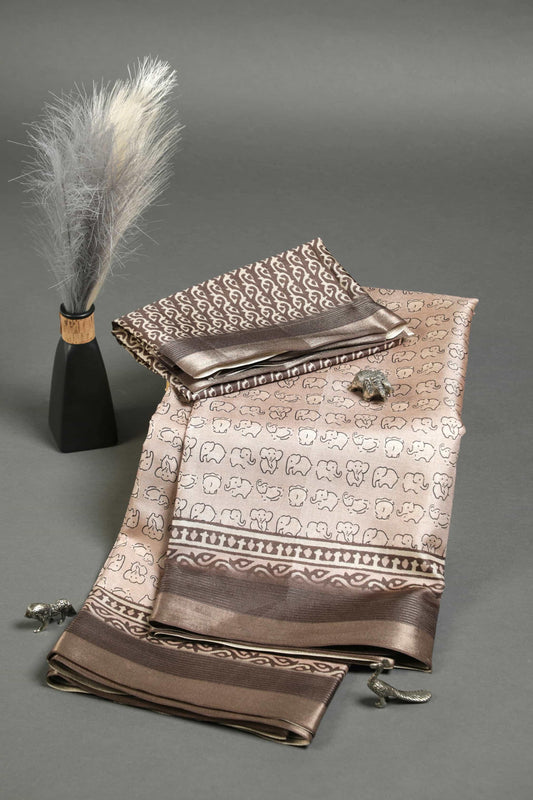 Alluring Beige Colored Cotton Linen Designer Printed Saree - Ibis Fab