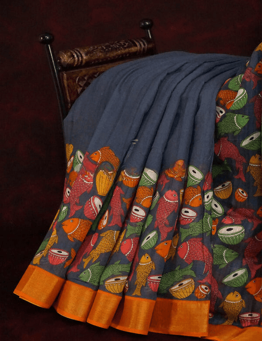 Amazing Navy Blue Colored Cotton Linen Designer Printed Saree - Ibis Fab