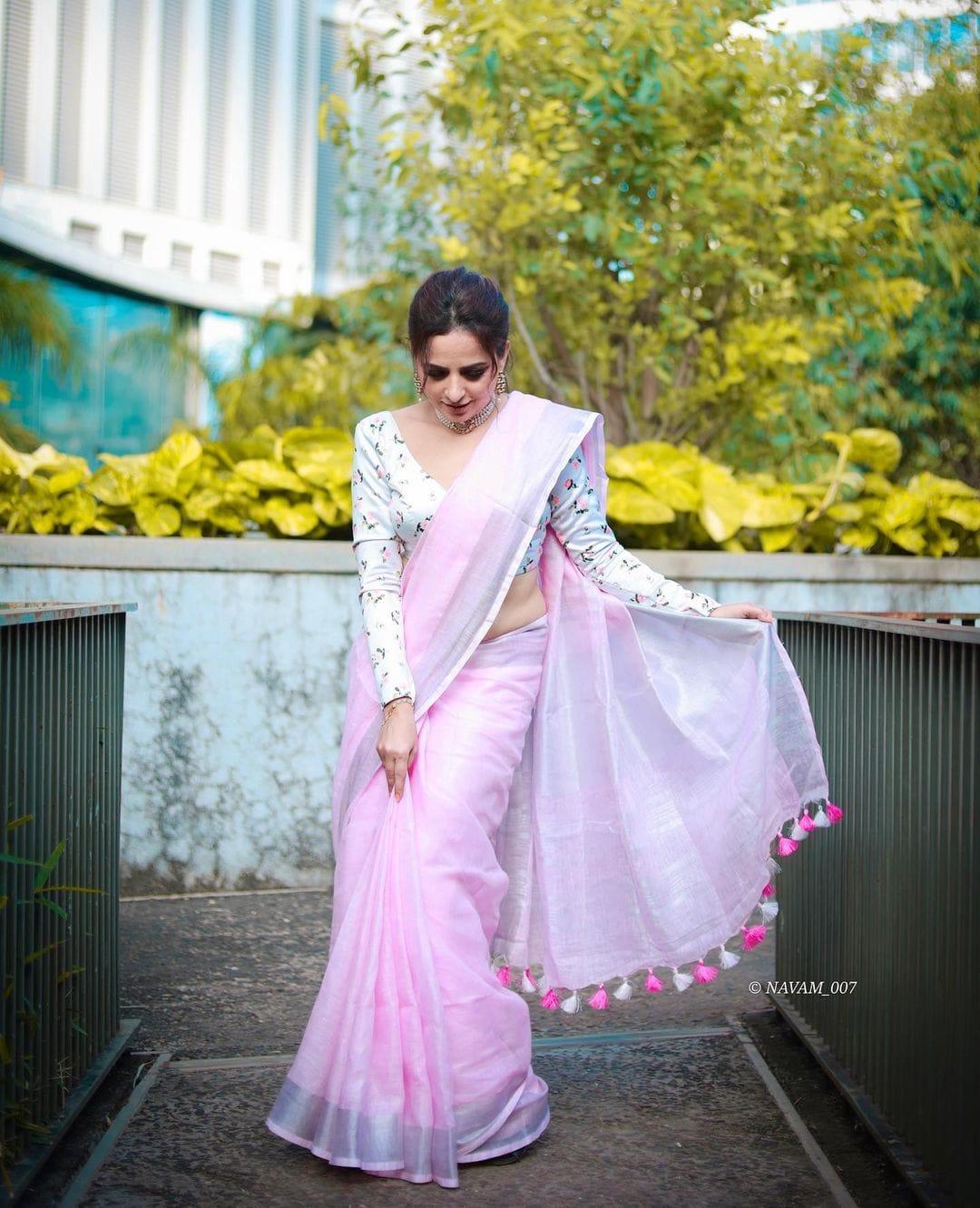 Baby Pink Colour Women's Plain Linen Saree With Casual wear - Ibis Fab