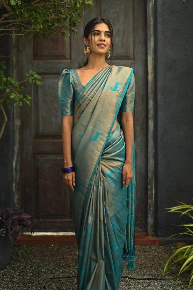 Elegant Sky Blue Tibby Silk Saree with Thread & Sequin Work main image 1
