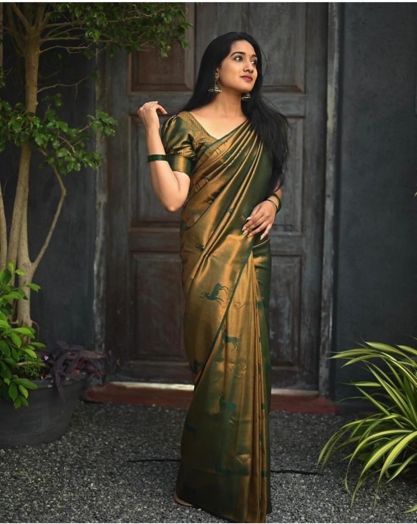 fabulous Dark Green Jacquard Soft Lichi Silk Saree - Ibis Fab