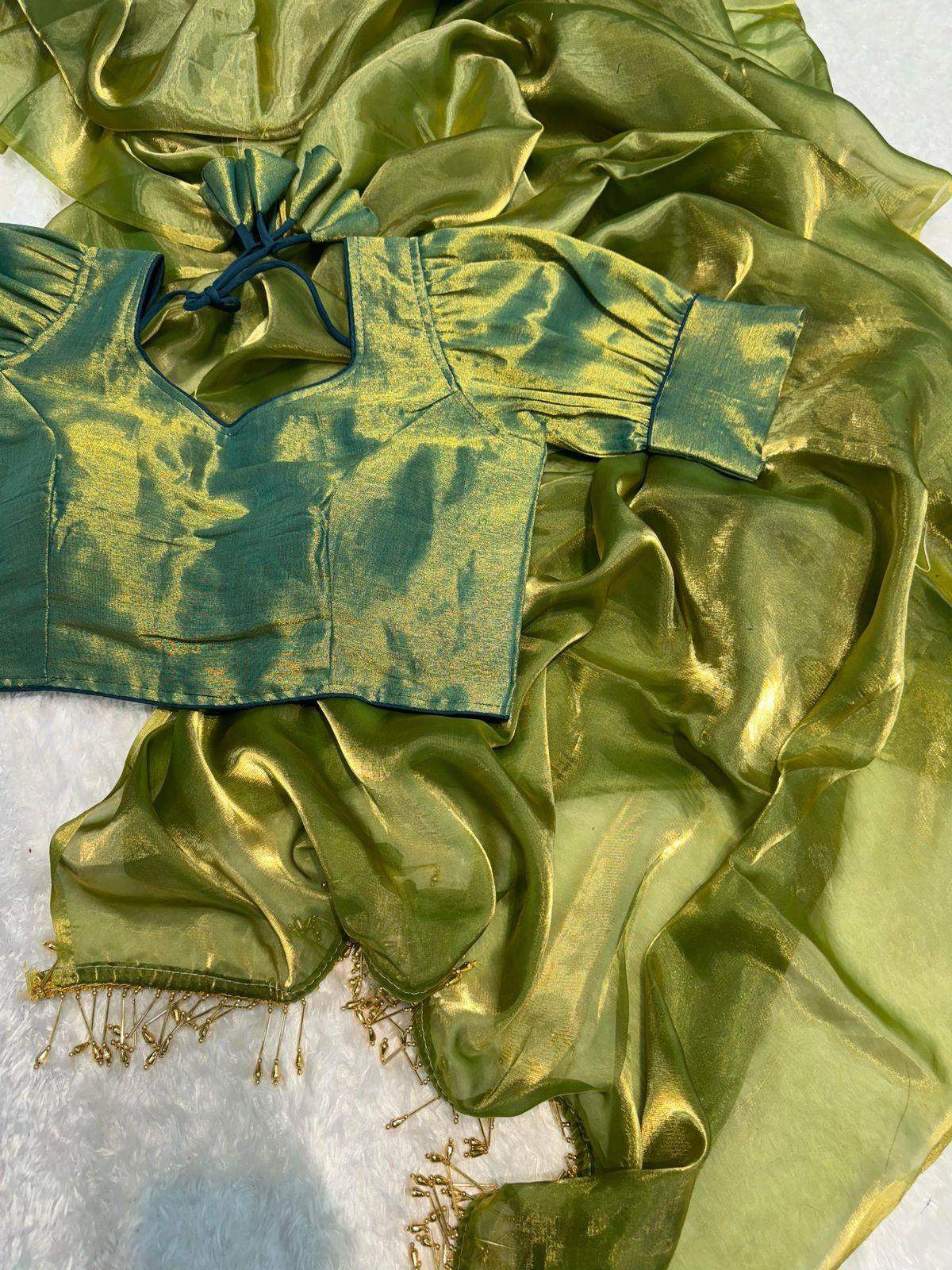 Green Burberry Handwork Golden Latkan Saree - Ibis Fab