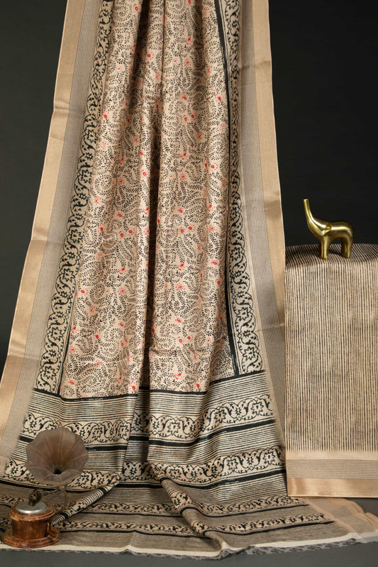 Impressive Golden Colored Cotton Linen Designer Printed Saree - Ibis Fab