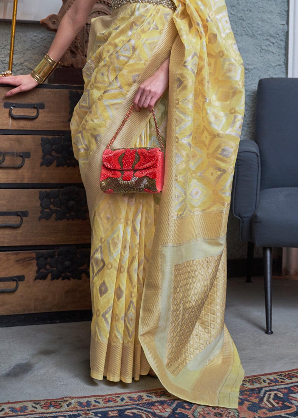 Lemon Yellow Linen Saree - Ibis Fab