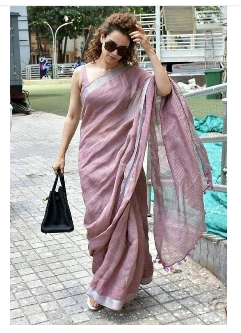 Purple Linen Cotton Plain Saree main image 0
