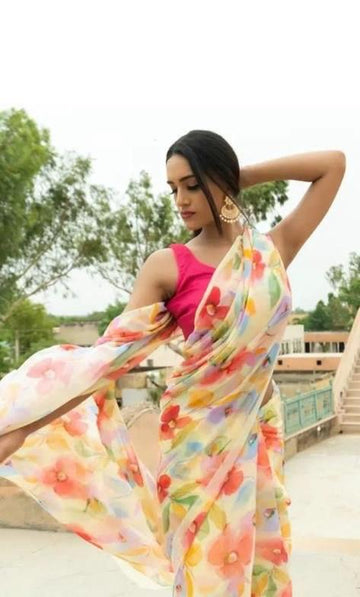 New Designer Printed Linen Saree - Ibis Fab