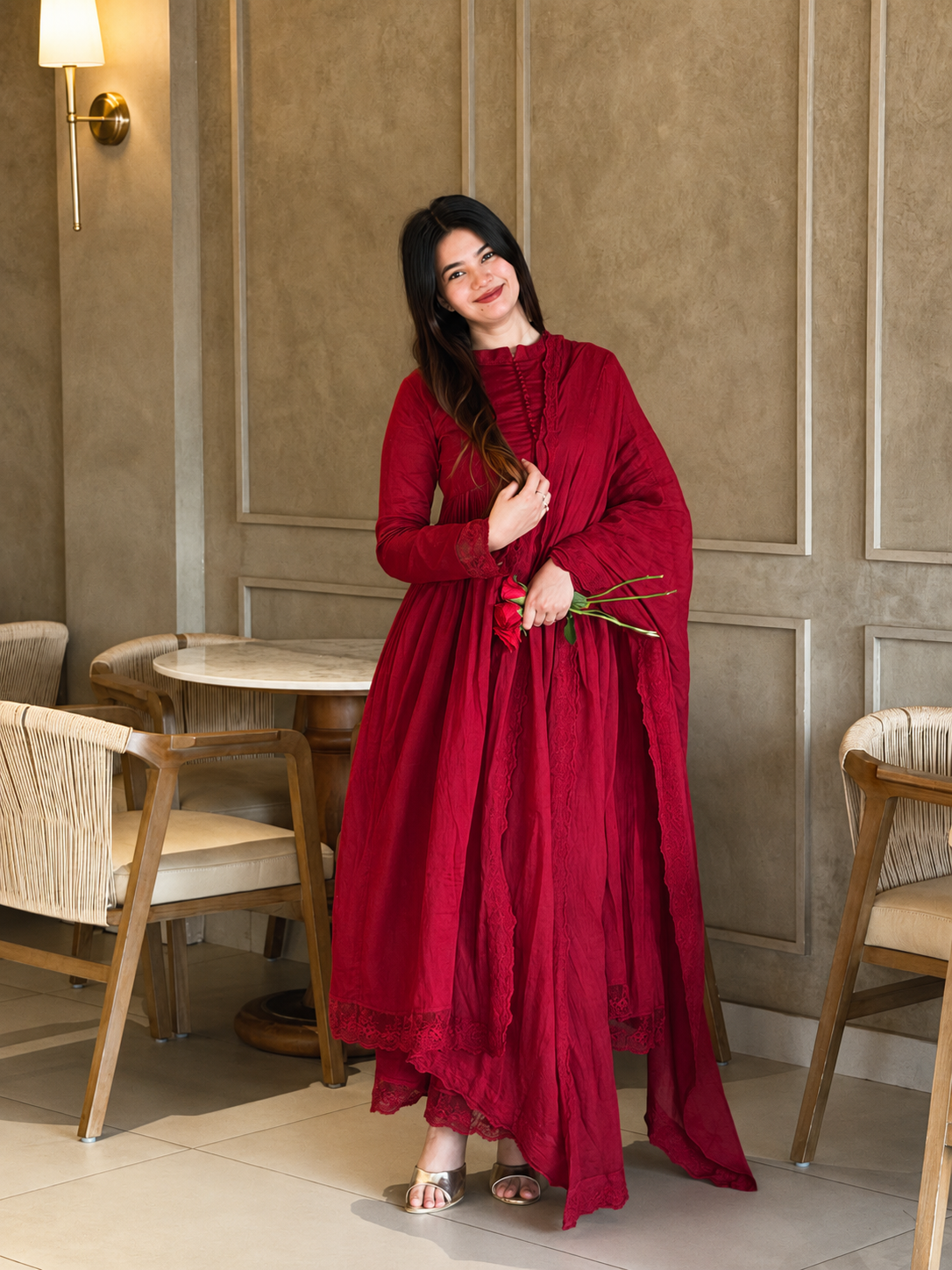 Elegant Wine Red Anarkali Suit Set with Dupatta 2XL
