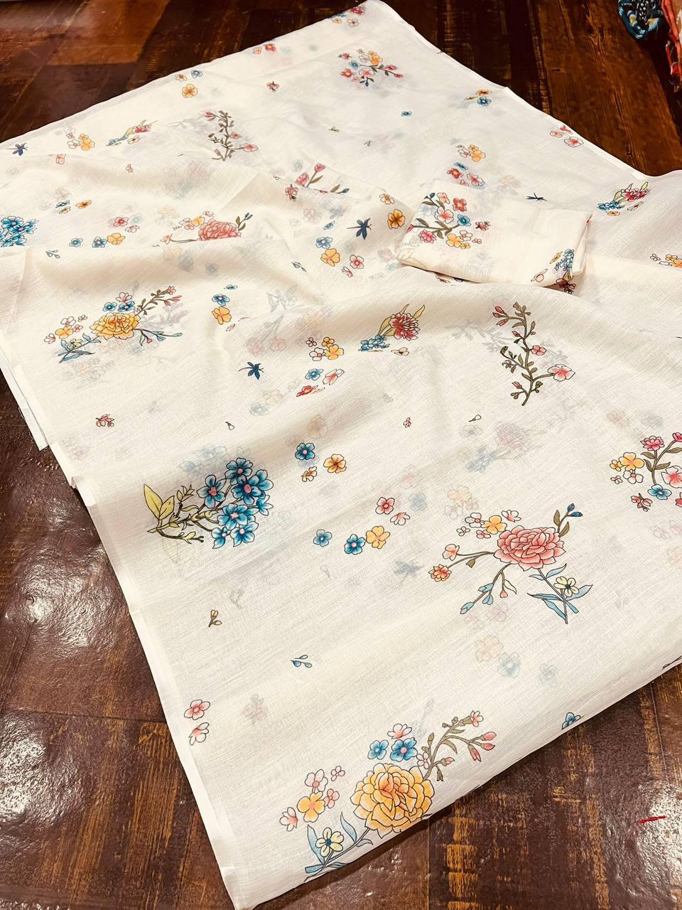 Off White Digital Printed Linen Latest Saree - Ibis Fab