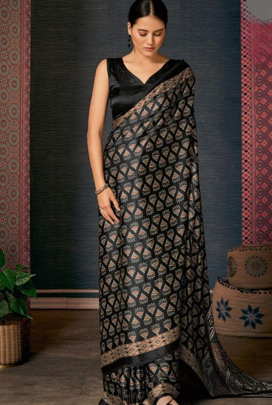 Printed Black Colored Shining Silk Saree - Ibis Fab