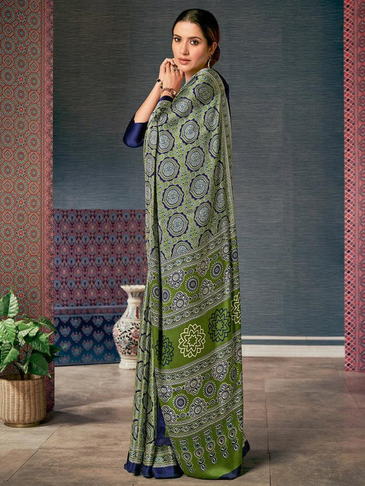 Printed Green Colored pure Silk Saree - Ibis Fab