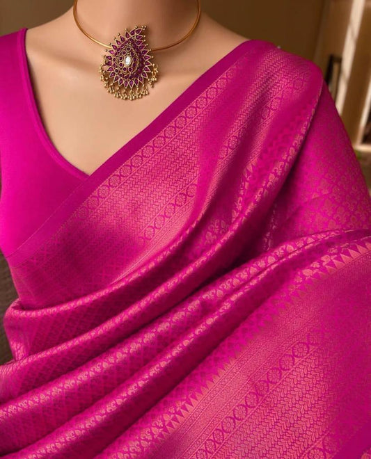 Pure jacquard Silk Sarees Pink Colour, Wedding Wear - Ibis Fab