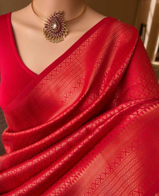 Pure jacquard Silk Sarees Red Colour, Wedding Wear - Ibis Fab
