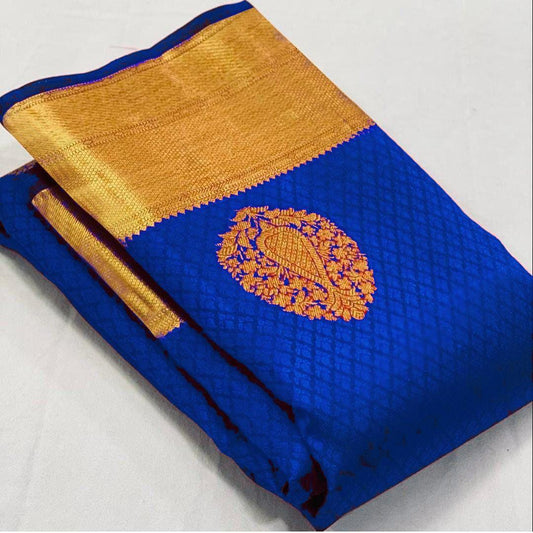Pure jacquard Silk Sarees royal blue Colour, Wedding Wear - Ibis Fab