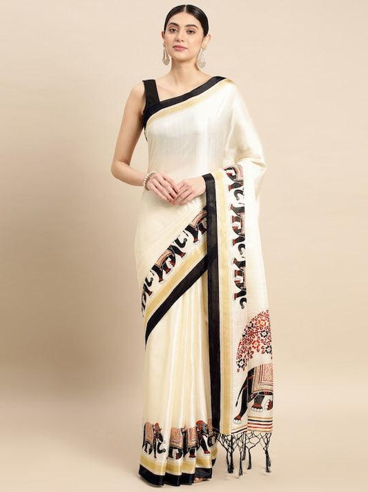 Pure linen saree in White, festive wear - Ibis Fab