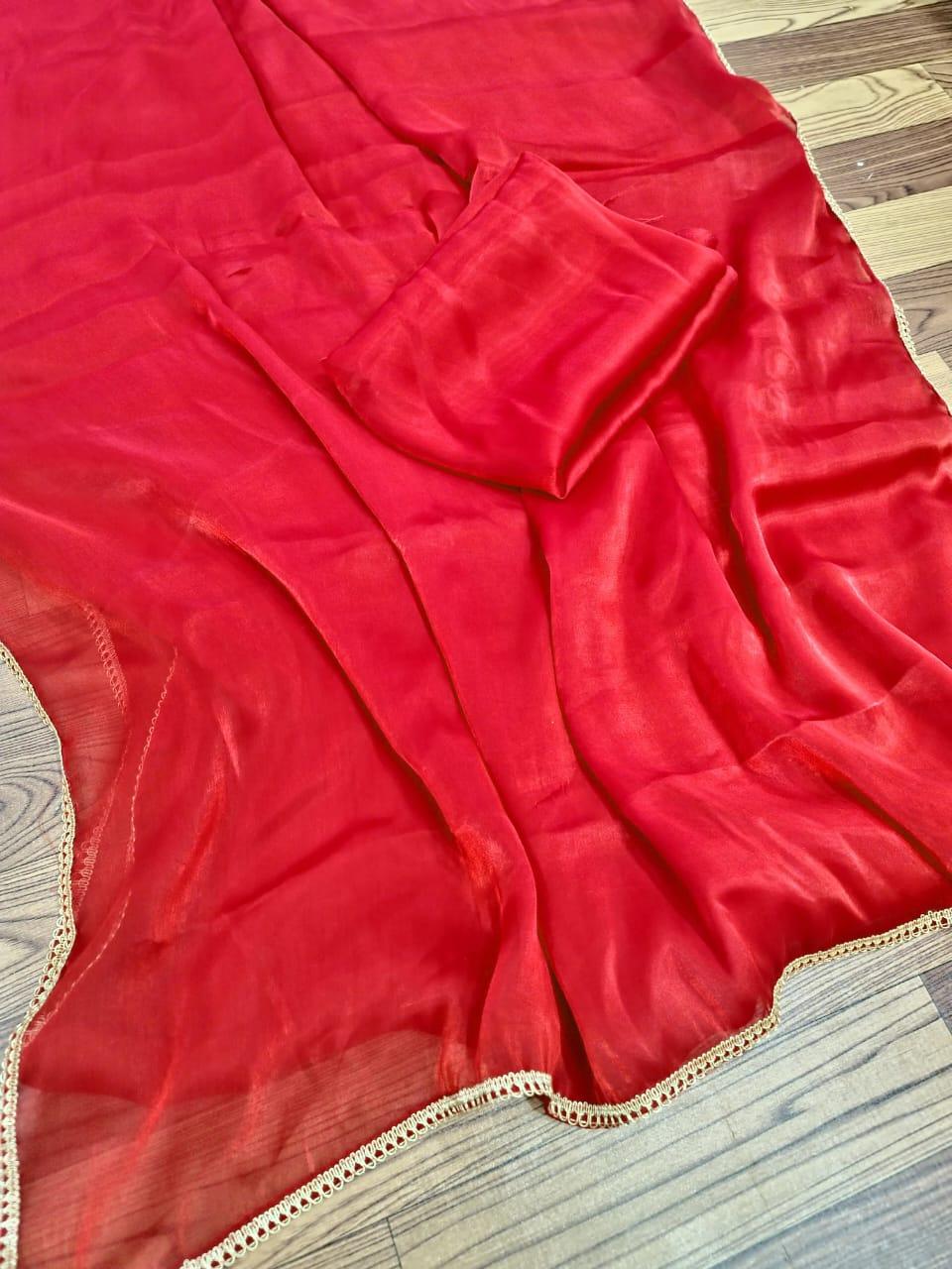 red plain Burberry silk saree with blouse - Ibis Fab