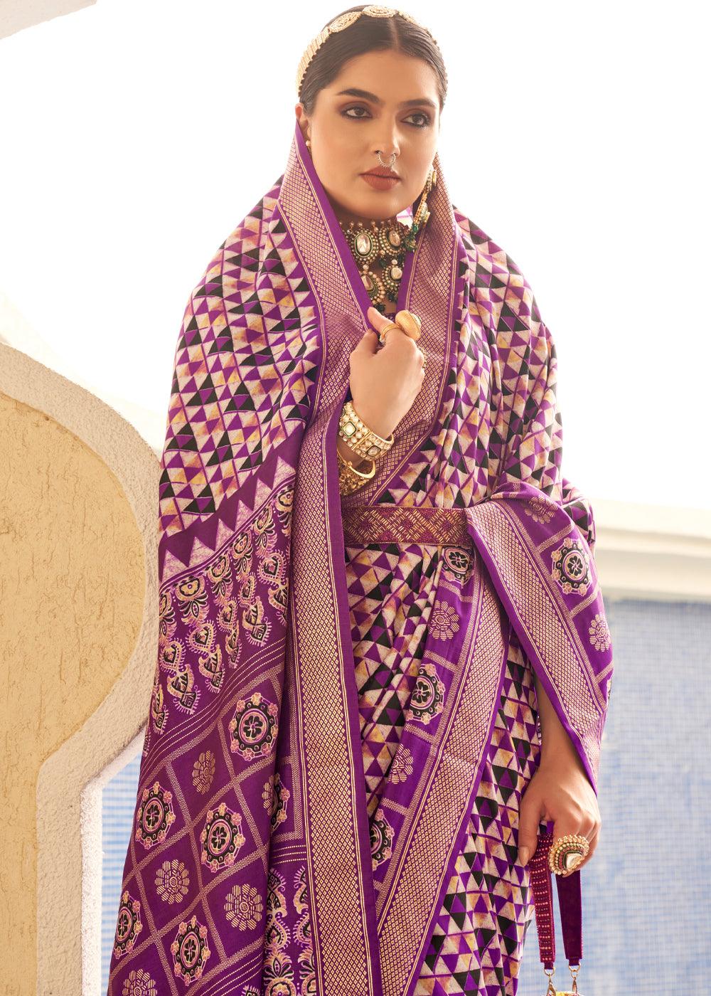 Refreshing Purple And White Colored Printed Pure Soft Silk Saree - Ibis Fab