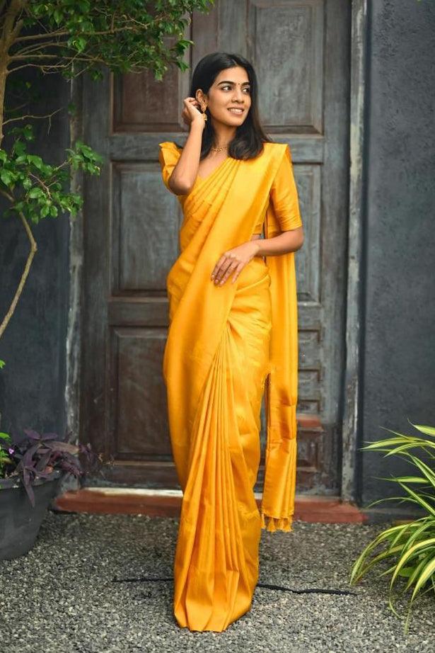 Shaadi Functions Wear Yellow Silk Jacquard Saree & beautiful Blouse - Ibis Fab