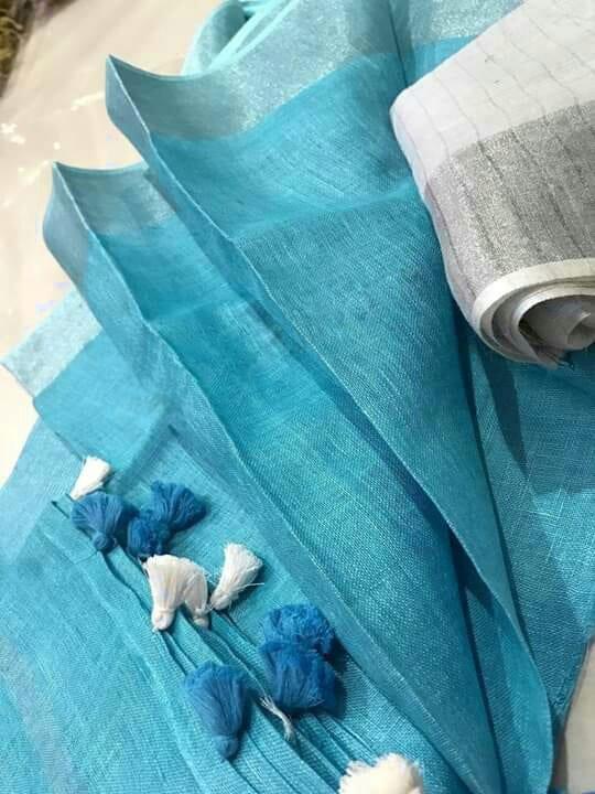 Sky Blue Colour Women's Plain Linen Saree With Party Wear - Ibis Fab