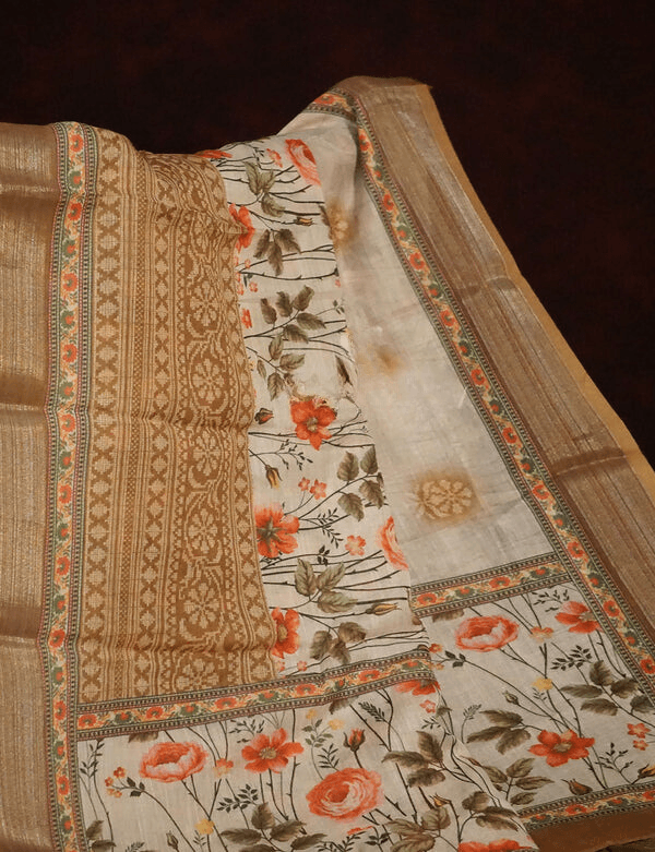 Sophisticated Off White Colored Cotton Linen Designer Printed Saree - Ibis Fab