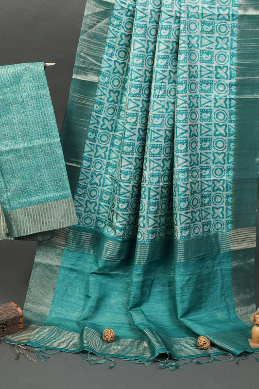 Stunning Sea Green Colored Cotton Linen Designer Printed Saree - Ibis Fab