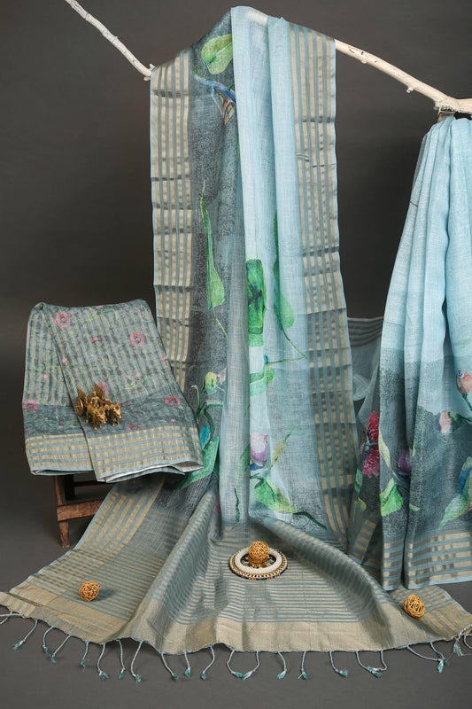 Stunning Sky Blue Colored Cotton Linen Designer Printed Saree - Ibis Fab