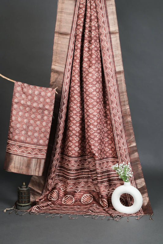 Stylish Brown Colored Cotton Linen Designer Printed Saree - Ibis Fab