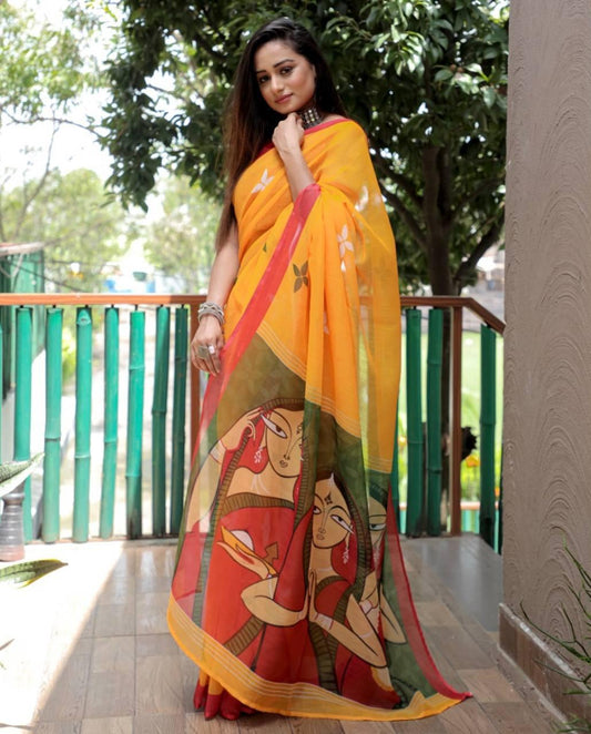 Yellow Color Women's Pure Linen Saree with Blouse Piece - Ibis Fab