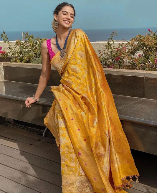 Yellow Pure Silk Banarasi Saree - Ibis Fab