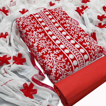Ibis Special Pleasant Casual Red Pure Cotton Embroidered Work Salwar Suit Material With Dupatta (Unstitched)