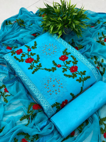 Flirty Sky Blue Pure Cotton Embroidered Salwar Suit Material (Unstitched)