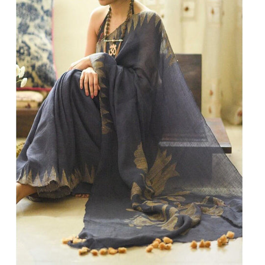 Pure linen saree in dark Grey designer wear - Ibis Fab