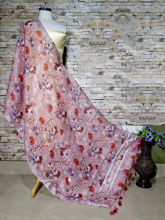 Elegantly Designed Pink Floral Print Digital Linen Dupatta_ - Ibis Fab