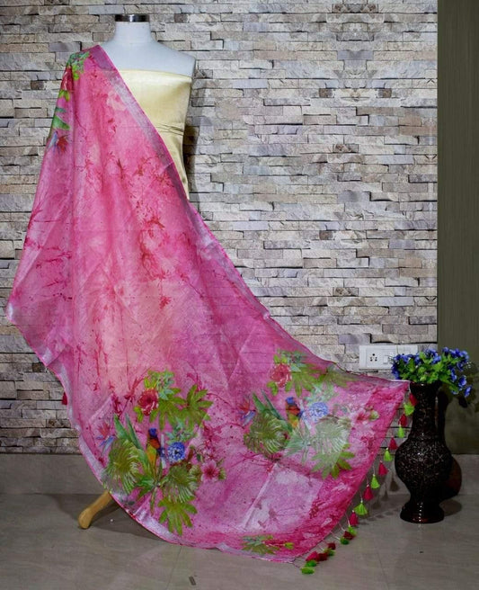 Lovely Pink with Leafy Floral Print Digital Linen Dupatta_ - Ibis Fab