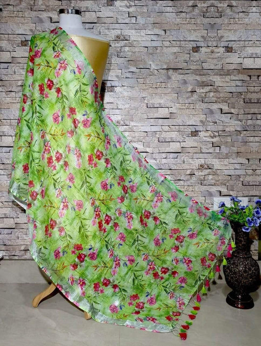 Ravishing Green Floral Print Digital Linen Dupatta_ - Ibis Fab