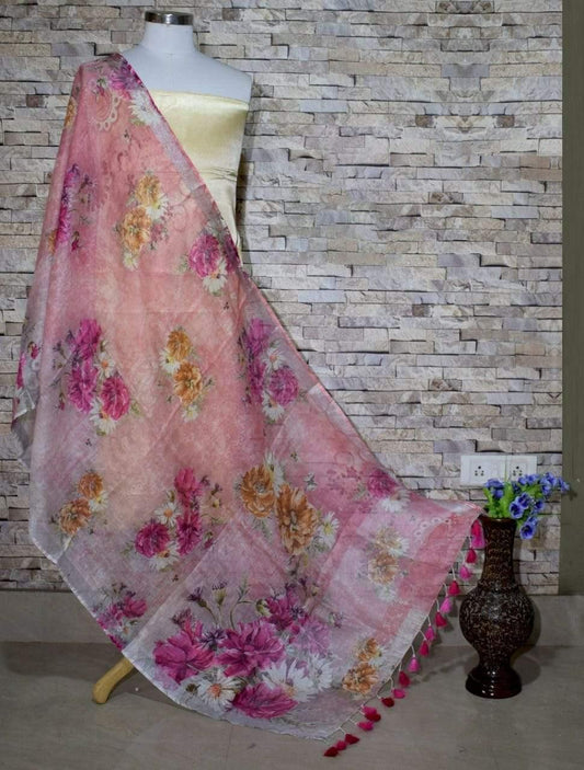 Ravishing Pink Base Floral Print Digital Linen Dupatta_ - Ibis Fab