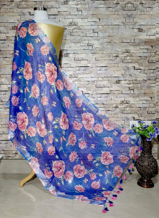Royal Blue Base Gorgeous Floral Digital Print Linen Dupatta_ - Ibis Fab