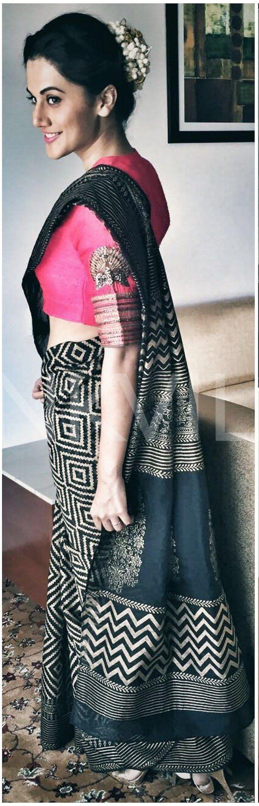 Adorable Black colored Partywear Linen Designer Printed Saree - Ibis Fab