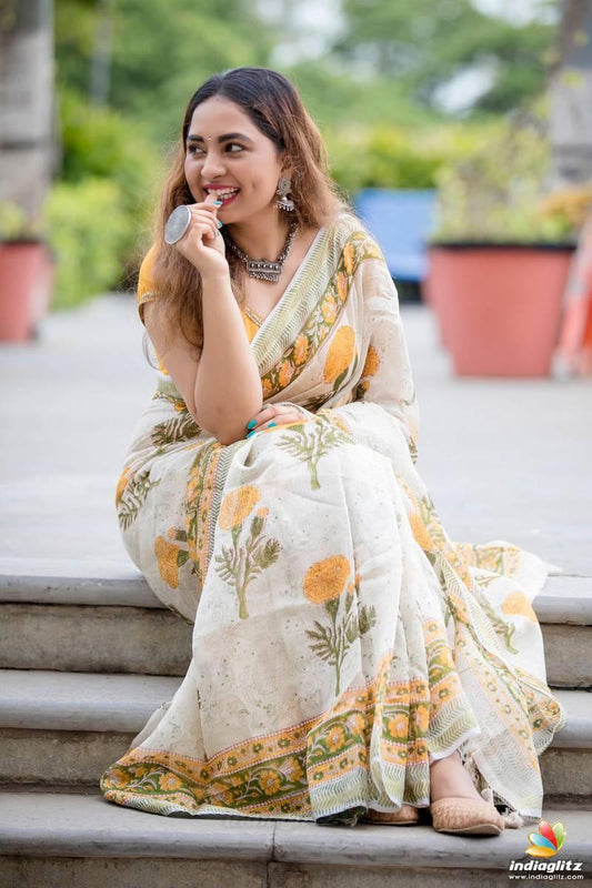 Adorable White Colored Printed Pure Linen Saree For Women - Ibis Fab