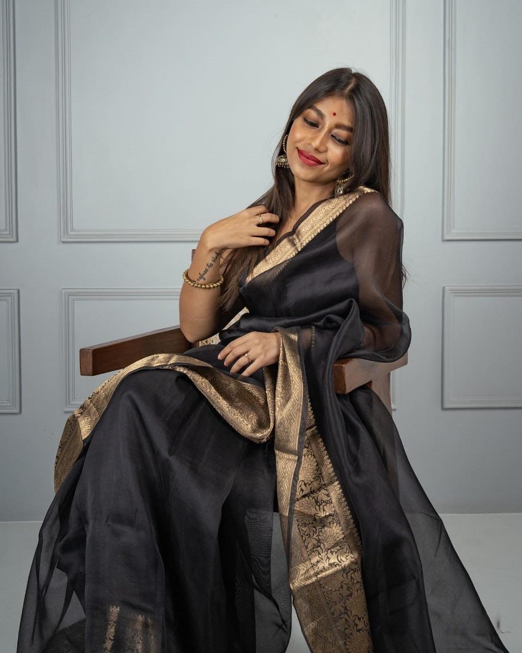 Banarasi Organza saree in Black, adorable festive wear - Ibis Fab