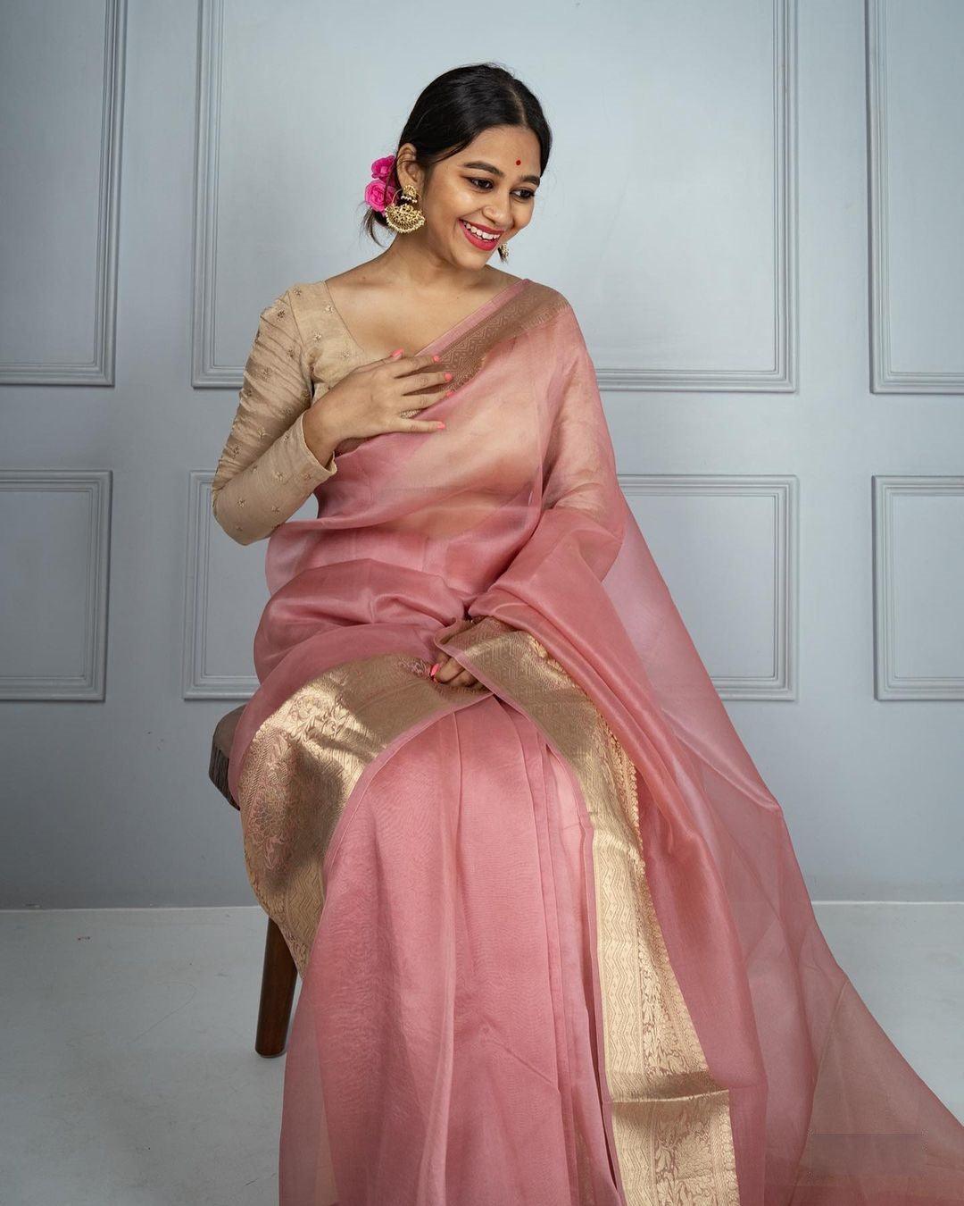 Banarasi Organza saree in light pink, adorable festive wear - Ibis Fab