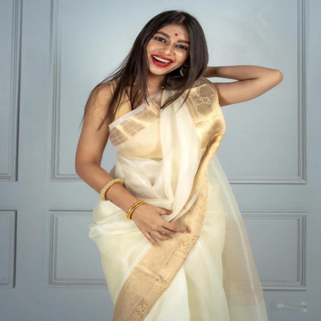 Banarasi Organza saree in White, adorable festive wear - Ibis Fab