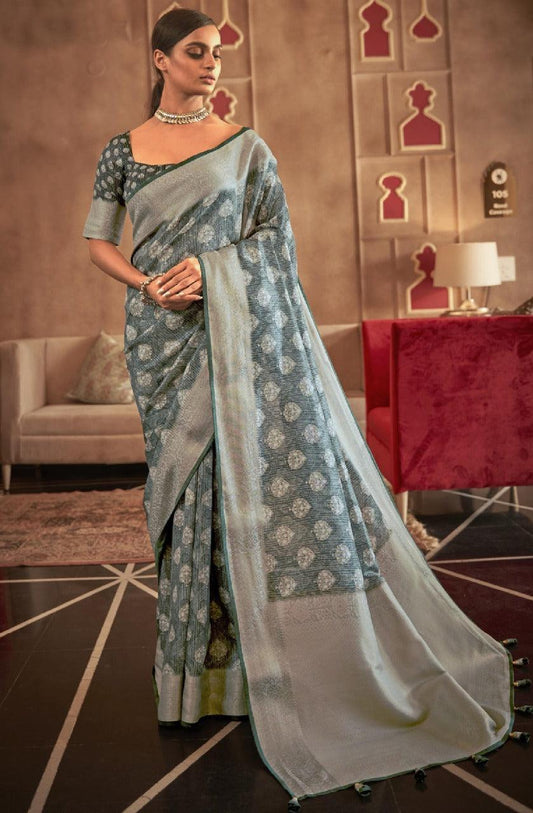 Beautiful Silk Classy Silver And grey Color Saree, Shining Party Wear - Ibis Fab